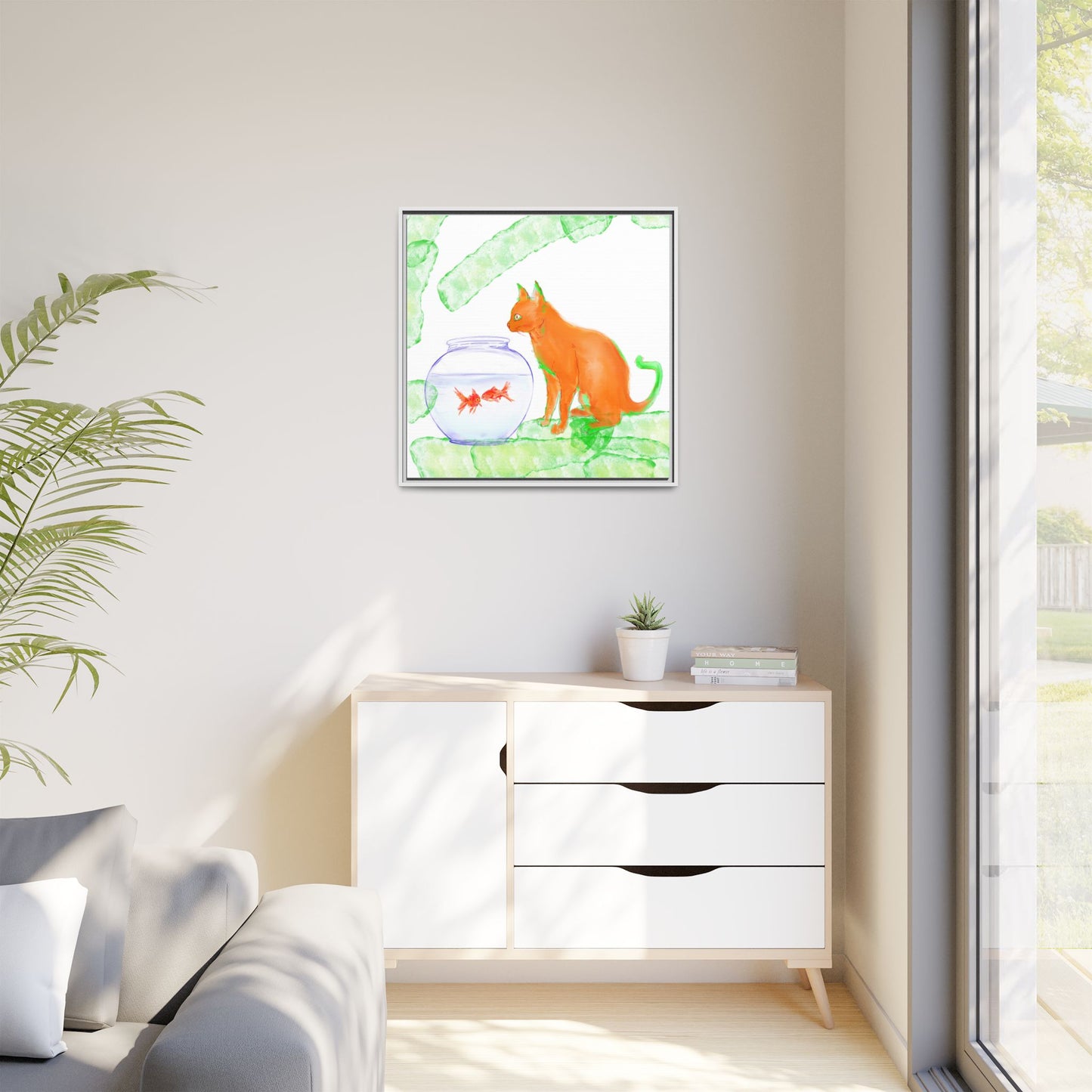 Colorful Cat and Fish Bowl Matte Canvas Framed white