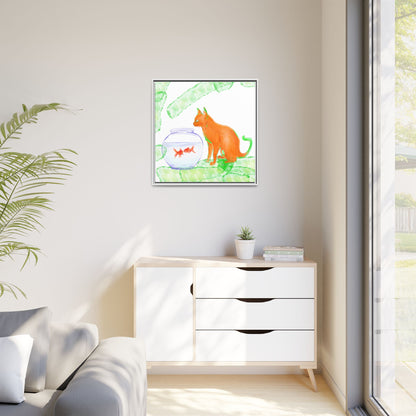 Colorful Cat and Fish Bowl Matte Canvas Framed white