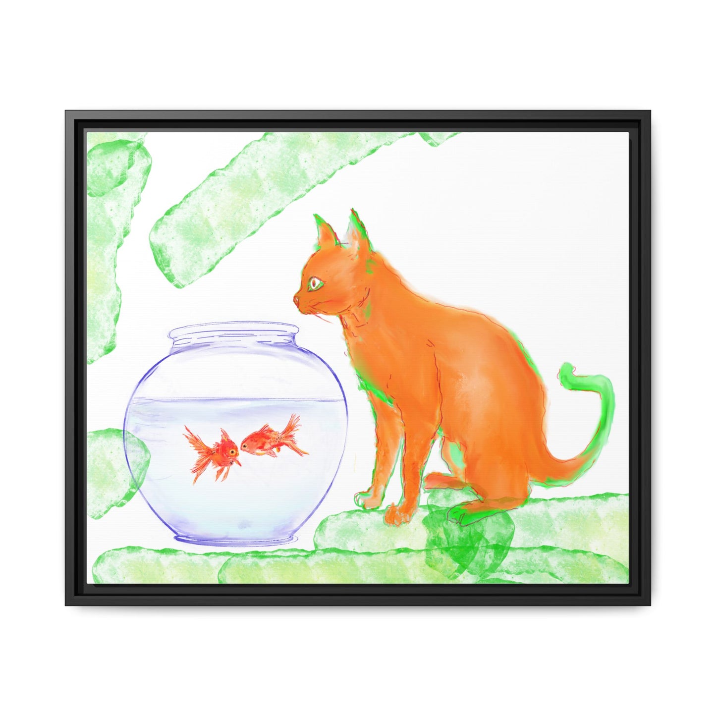 Colorful Cat and Fish Bowl Matte Canvas Framed white