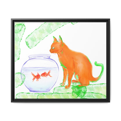 Colorful Cat and Fish Bowl Matte Canvas Framed white