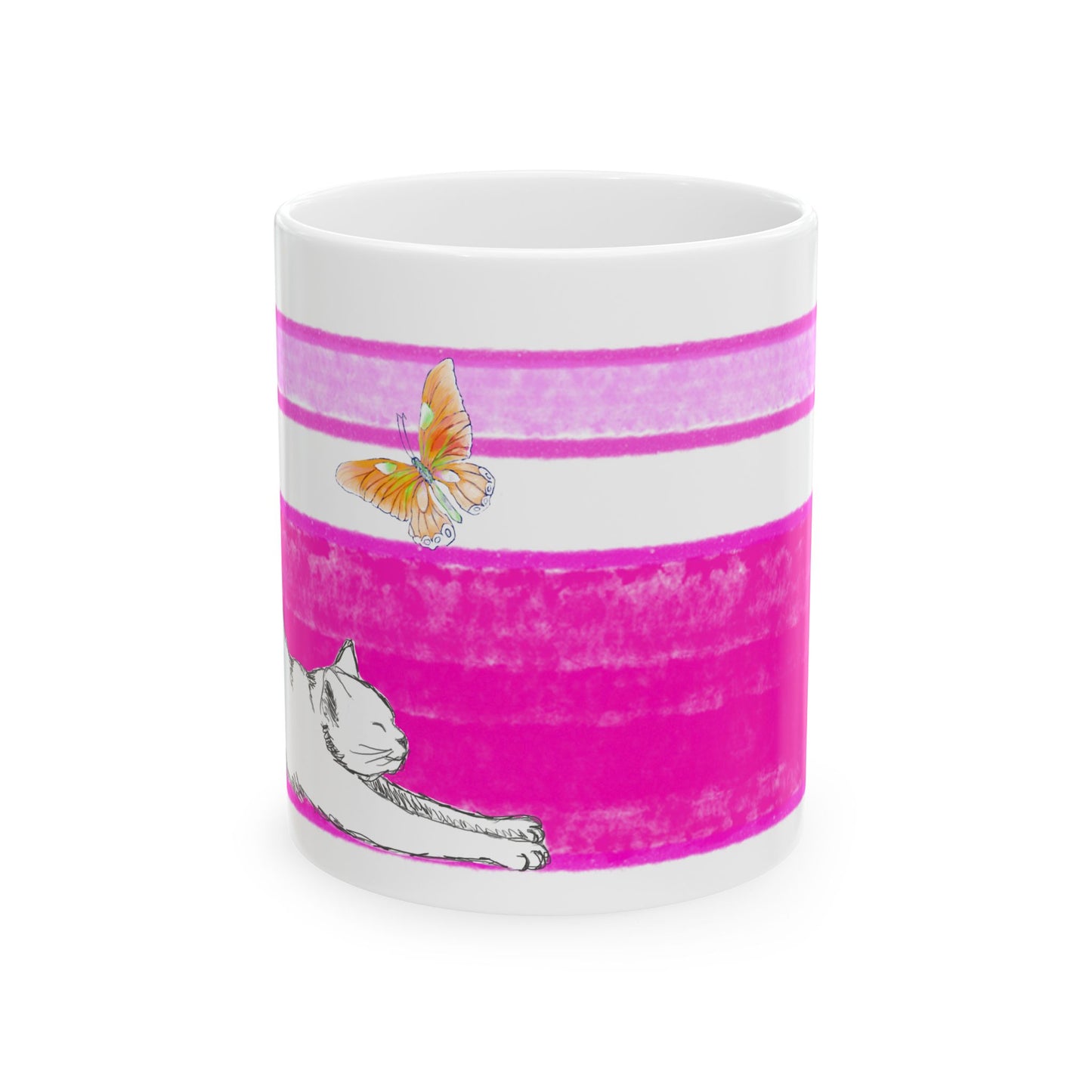 Mega Stripe Kitty Butterfly Flutter Ceramic Mug Raspberry Pink