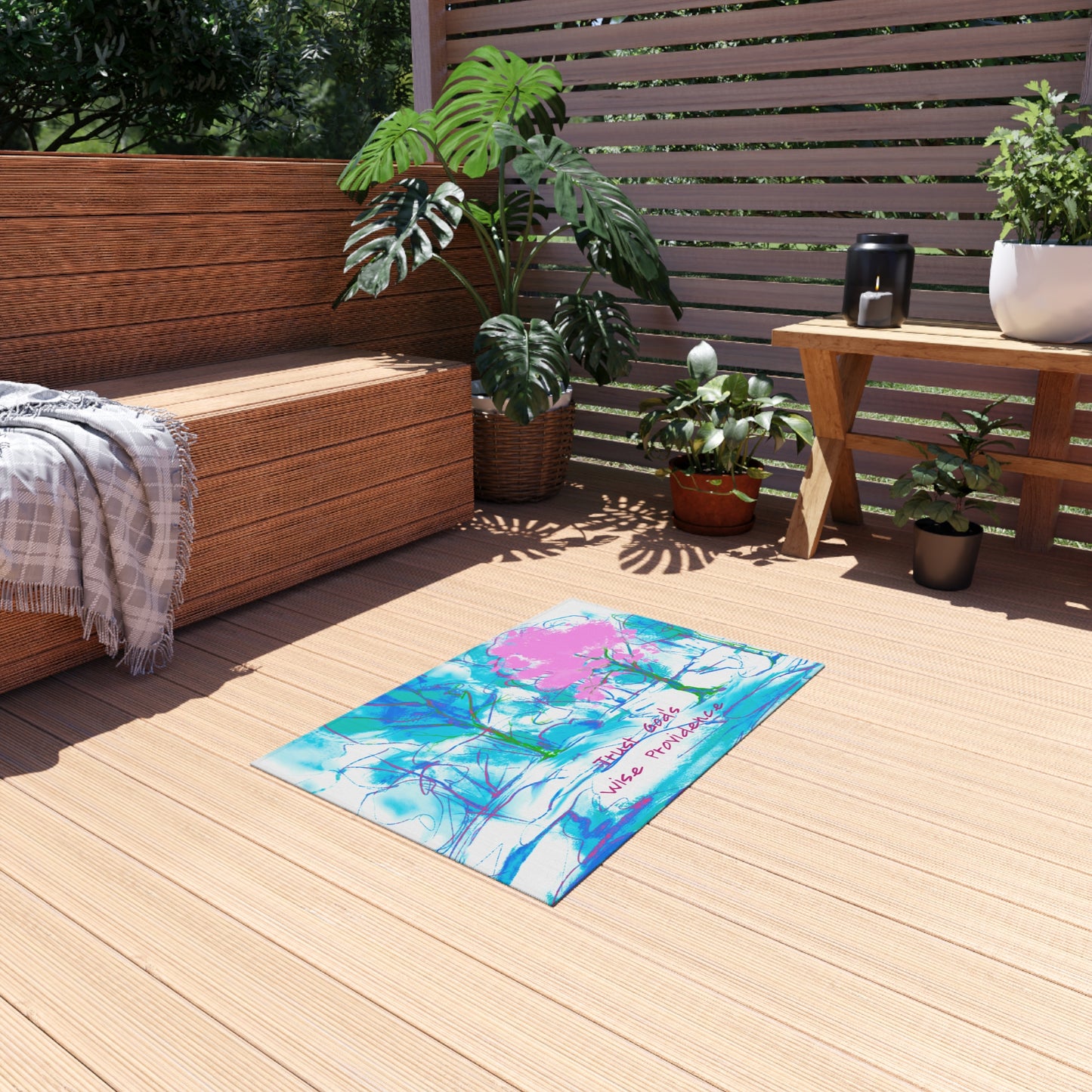 Inspirational Landscapes "Trust God's Providence" Indoor/Outdoor Rug in Blue and Pink Non-slip (36" x 24")