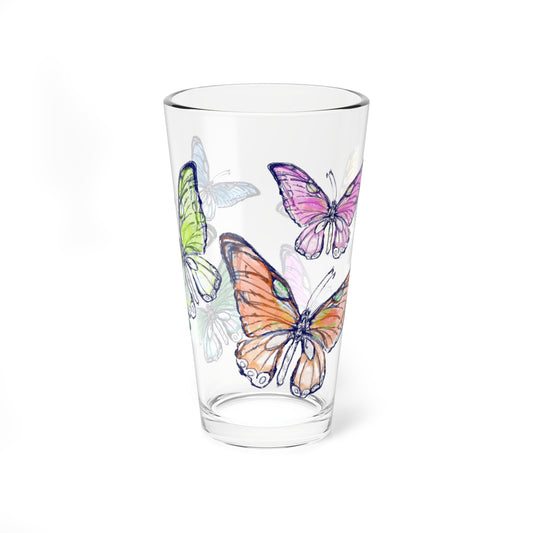 Blossom Whirl  Pint Glass, 16ozl, Largest Butterfly is Orange