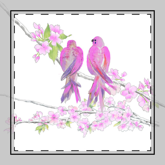 Blossoms & Birds in Pink Poly Twill Napkin, Background Fabric Bright White