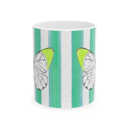Butterfly Chroma Ceramic Mug in Acid Green with Aqua Green Stripes, 11oz
