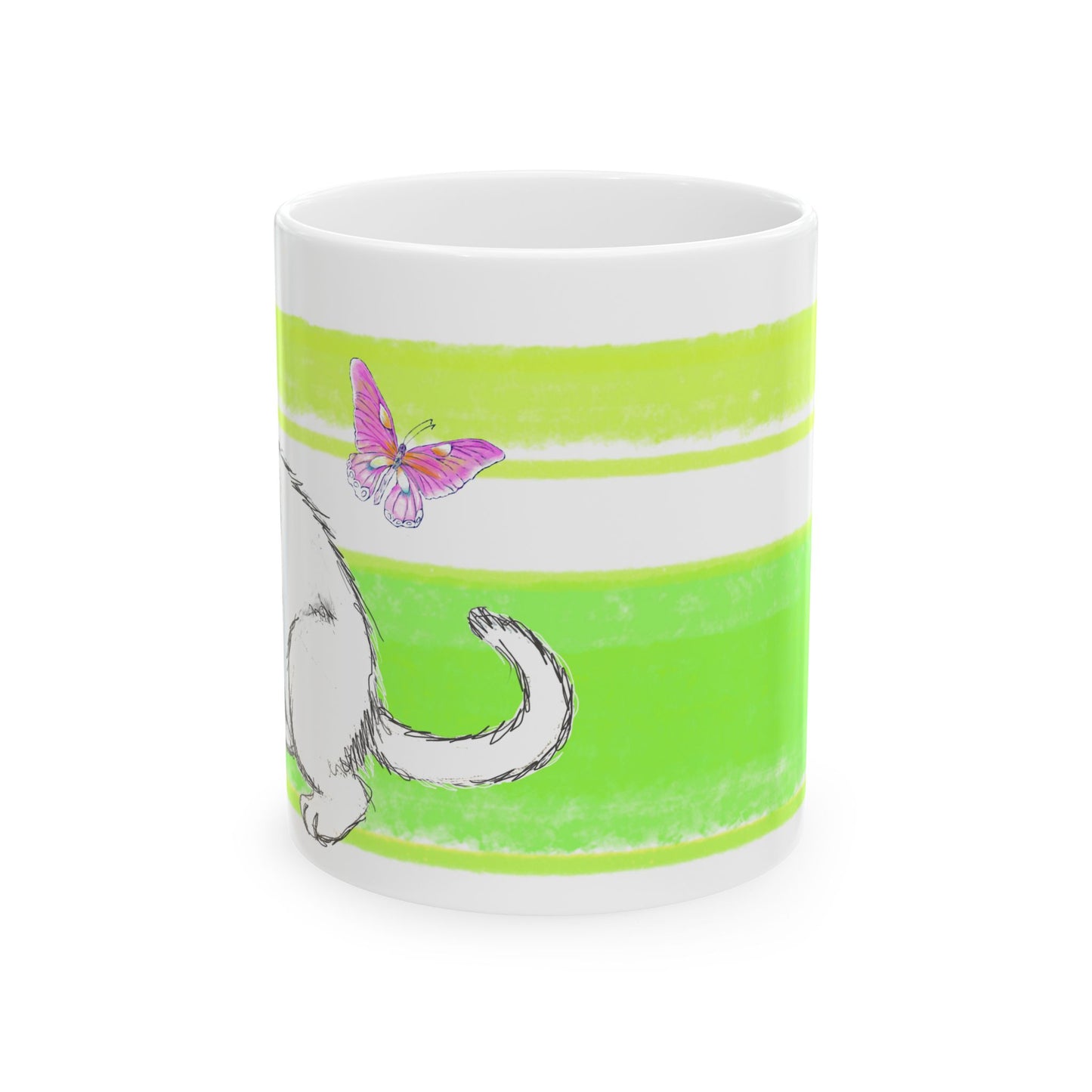 Mega Stripe Kitty Butterfly Flutter Ceramic Mug Yellow Green