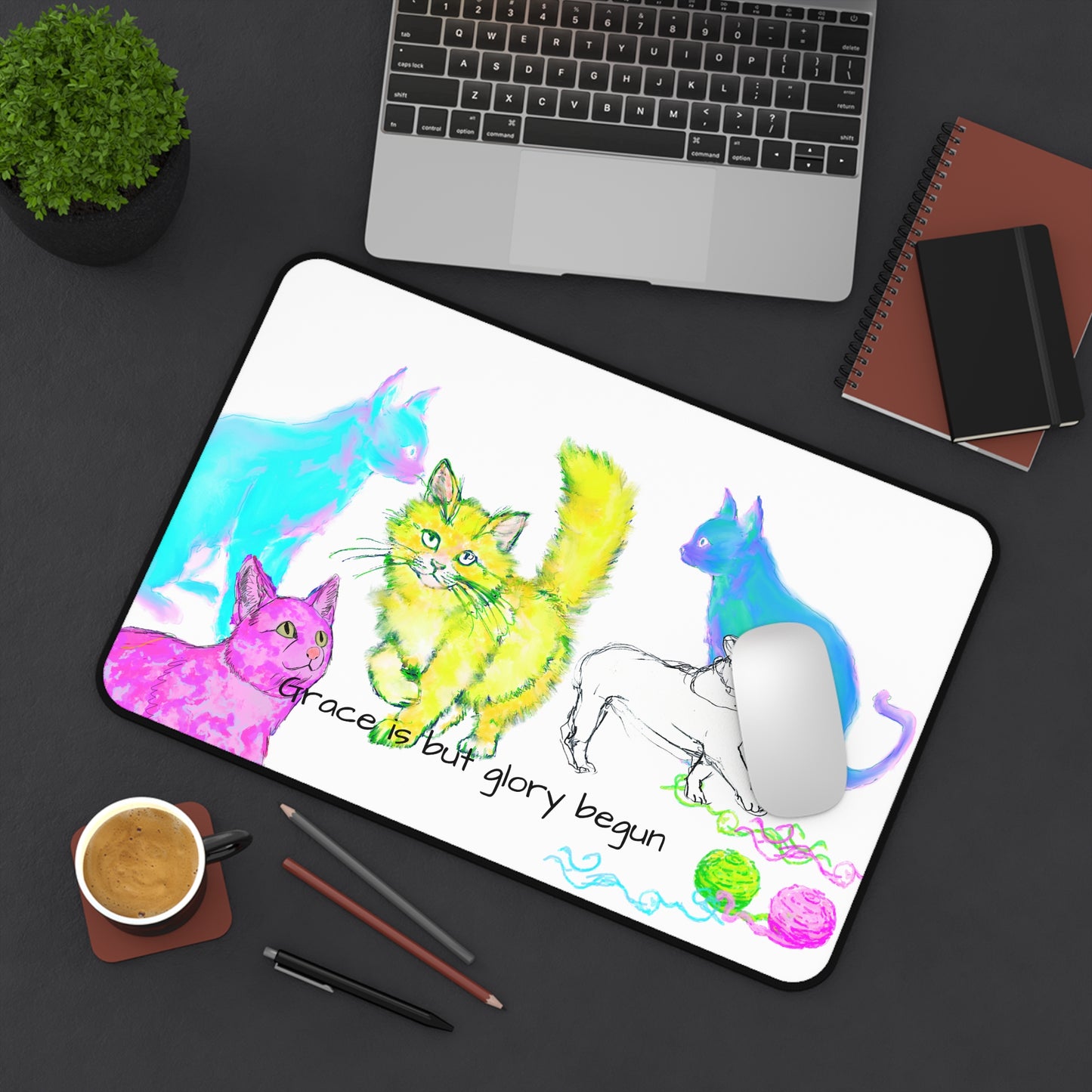 Colorful Cats and Dog Desk Mat "Grace is but glory begun"