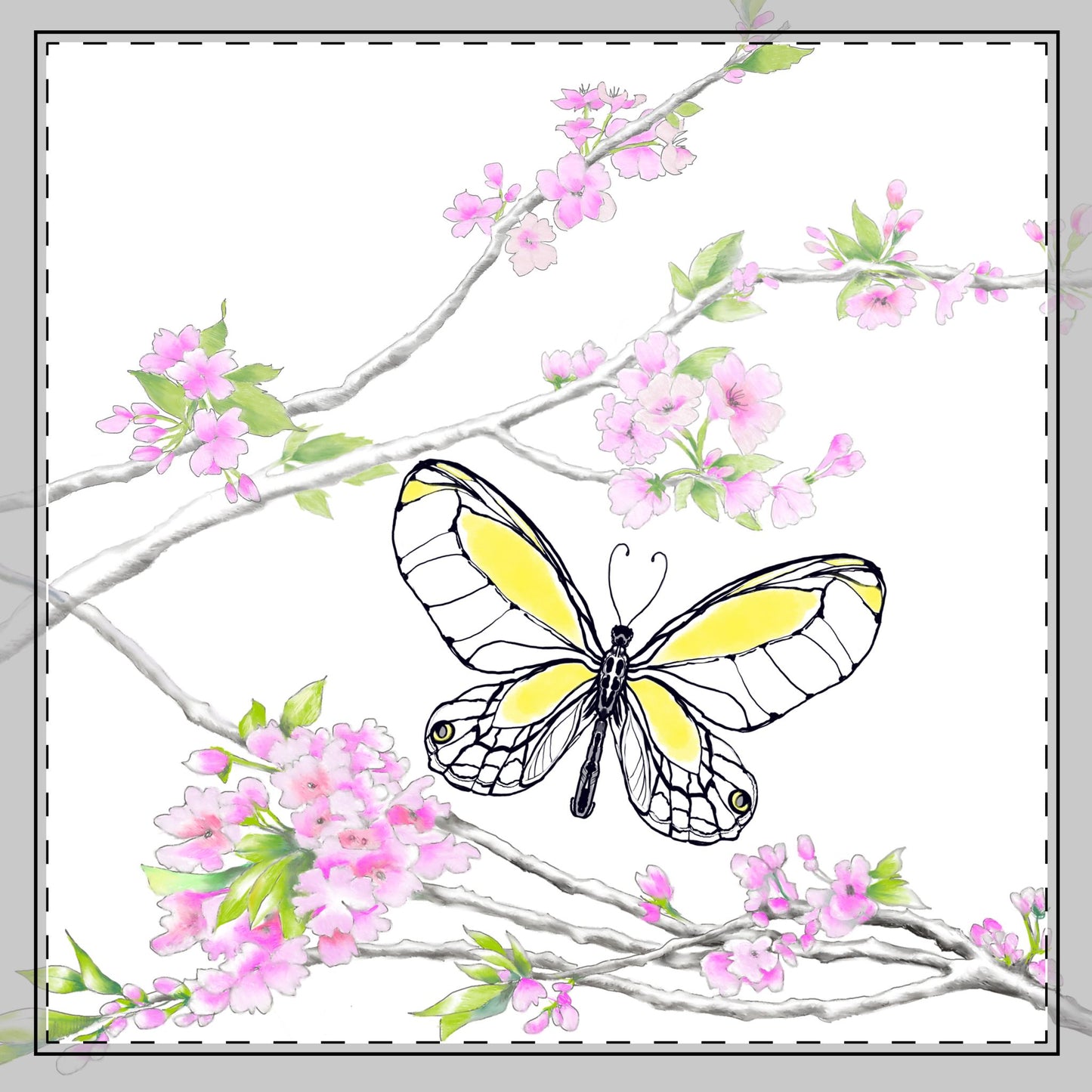 Butterfly Blossom Romp Poly Twill Napkin in Yellow #10 Fabric background Bright White