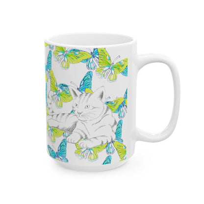 Kitty Flutter Ceramic Mug, Aqua/Lime, (11oz, 15oz)