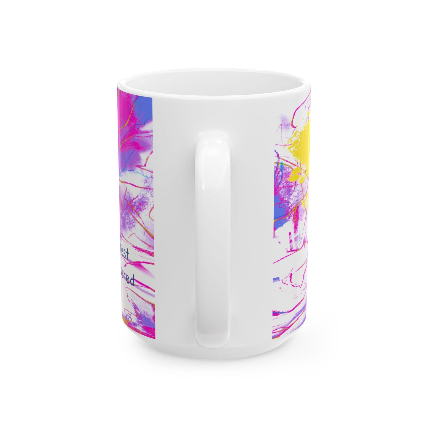 Inspirational Landscapes Ceramic Mug in Raspberry and Yellow "The flower in the deepest woods is known and watered by God", 11oz, 15oz.