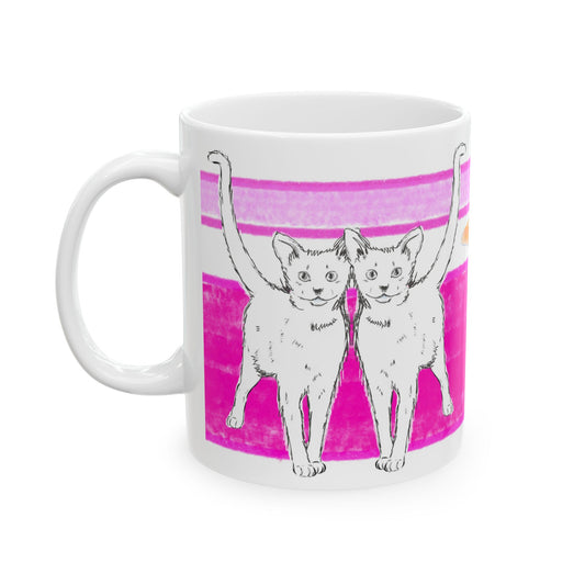 Mega Stripe Kitty Butterfly Flutter Ceramic Mug Raspberry Pink