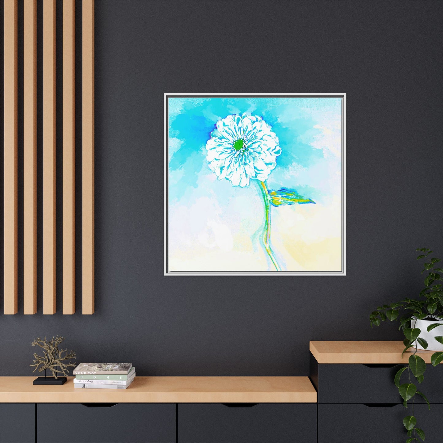 Zinnia Color Splash Matte Canvas Aqua Framed