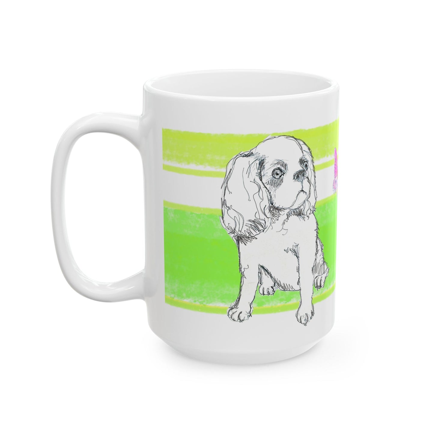 Mega Stripe Dogi Butterfly Flutter Ceramic Mug, (11oz, 15oz) Yellow Green Cocker Spaniel