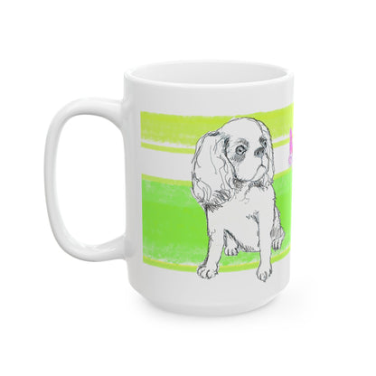 Mega Stripe Dogi Butterfly Flutter Ceramic Mug, (11oz, 15oz) Yellow Green Cocker Spaniel