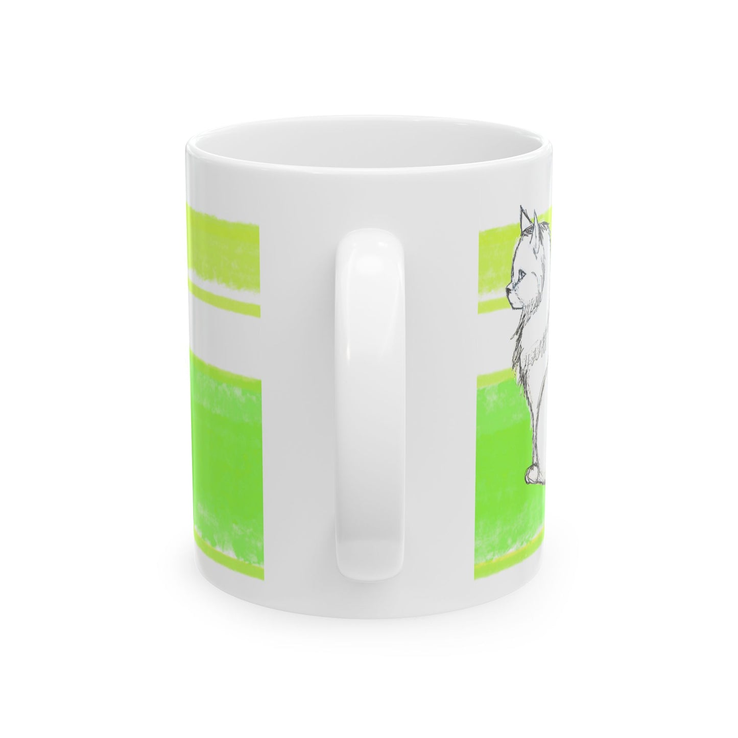Mega Stripe Kitty Butterfly Flutter Ceramic Mug Yellow Green