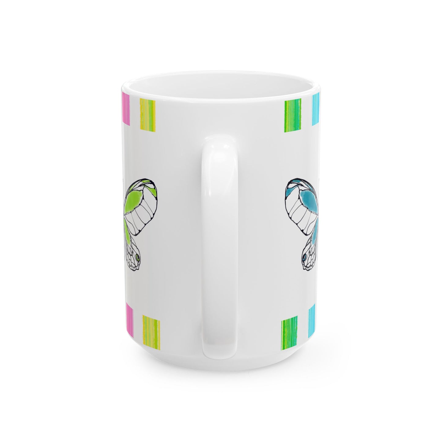 Butterfly Rainbow Stripe Ceramic Mug in Aqua, Purple and Green with Multi-color Striped Border, (Available in 2 sizes 11oz and 15oz)