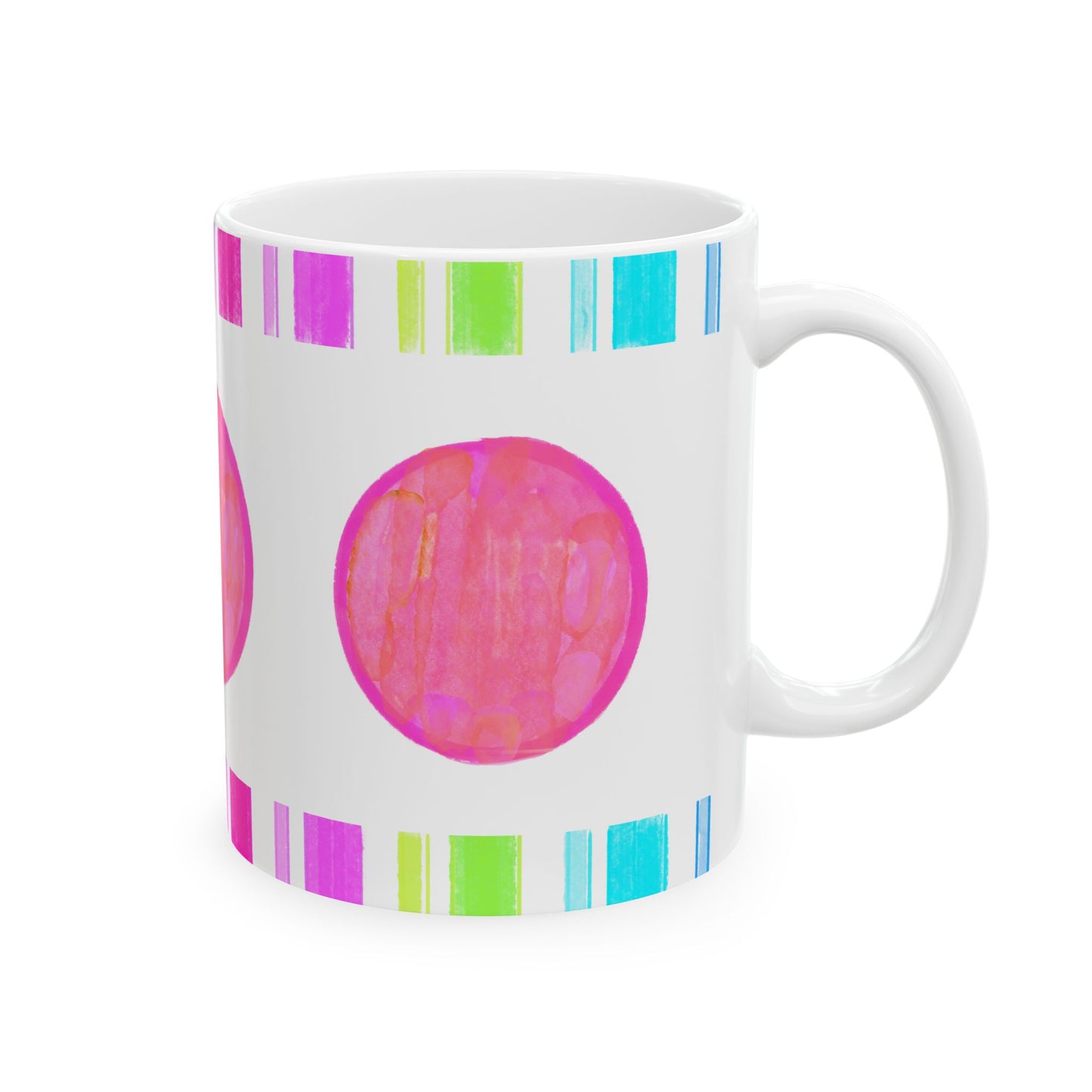 Mega Dot & Stripes border Coral Ceramic Mug, (11oz, 15oz)