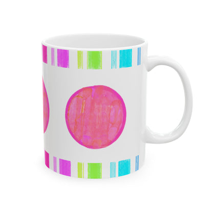 Mega Dot & Stripes border Coral Ceramic Mug, (11oz, 15oz)