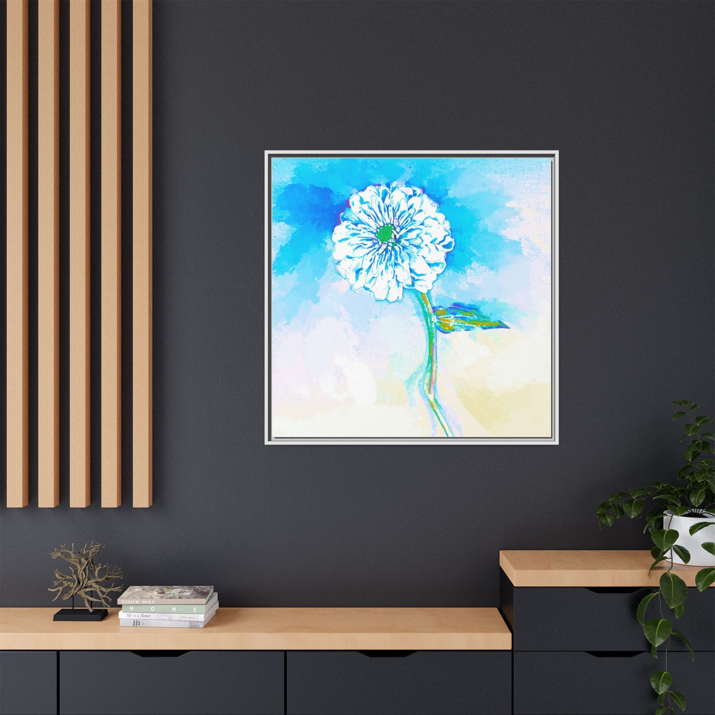 Zinnia Color Splash Matte Canvas Blue Aqua Framed
