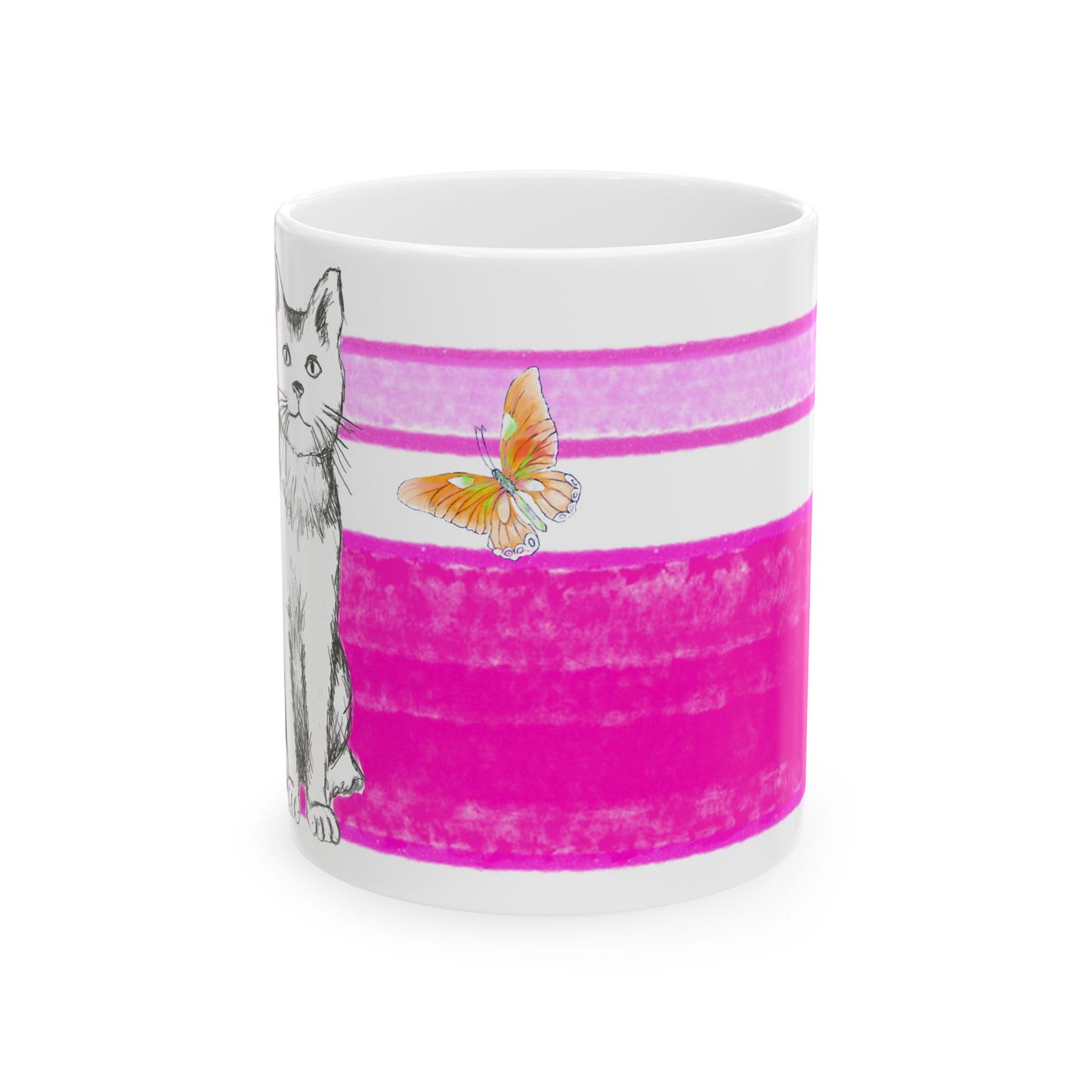 Mega Stripe Kitty Butterfly Flutter Ceramic Mug Raspberry Pink