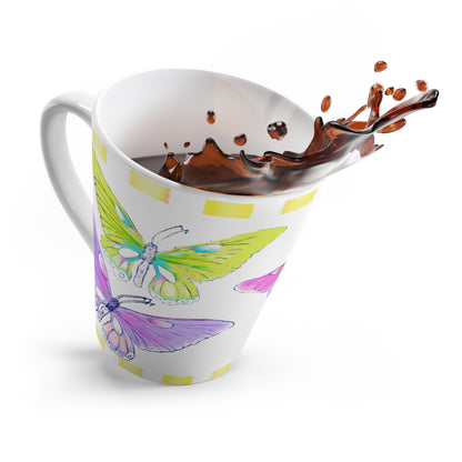 Butterfly Swing  Latte Mug  Aqua, Pink, Lilac. Orange, Yellow Butterflies, Yellow Stripe