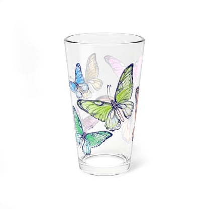Blossom Whirl  Pint Glass, 16ozl, Largest Butterfly is Orange
