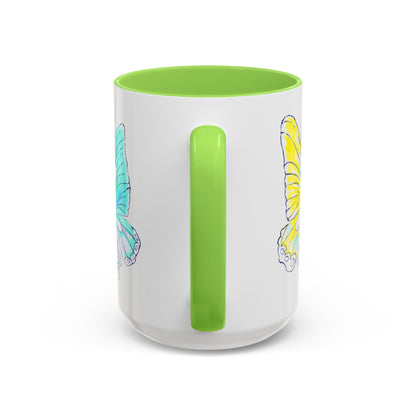 Butterfly Swing, Inside Green Colorful, Main Butterfly Yellow Mugs (11oz, 15oz)