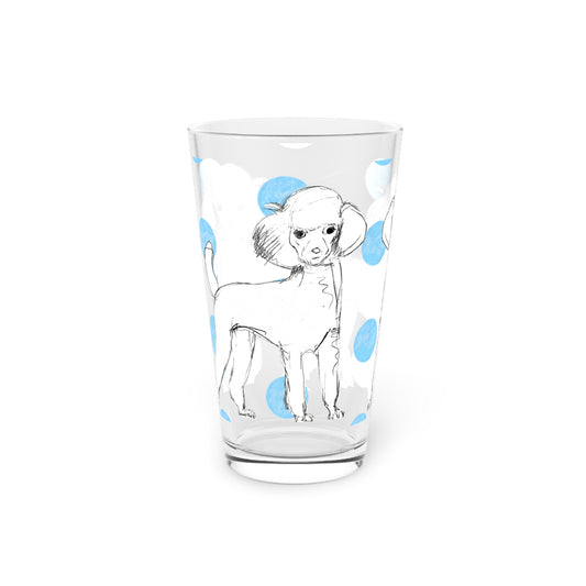 Dogi Fun and Polka Dots Pint Glass in Aqua, Poodles, 16oz