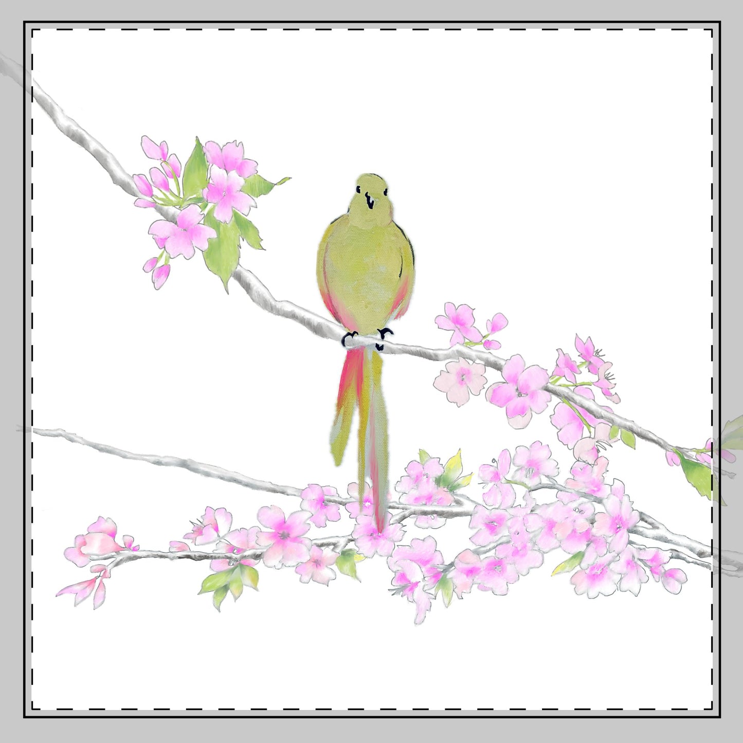 Blossoms & Birds Cotton Twill Napkin Green, Background Fabric Creamy White