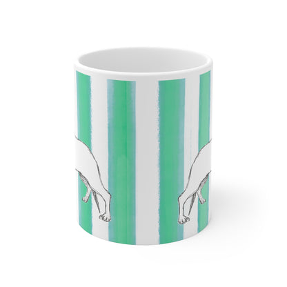 Dogi Fun Ceramic Mug Green Aqua Stripes Dachshunds
