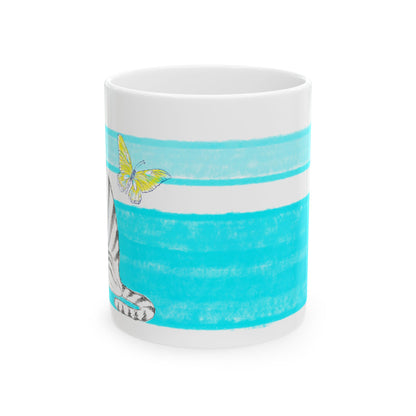 Mega Stripe Kitty Butterfly Flutter Ceramic Mug Aqua