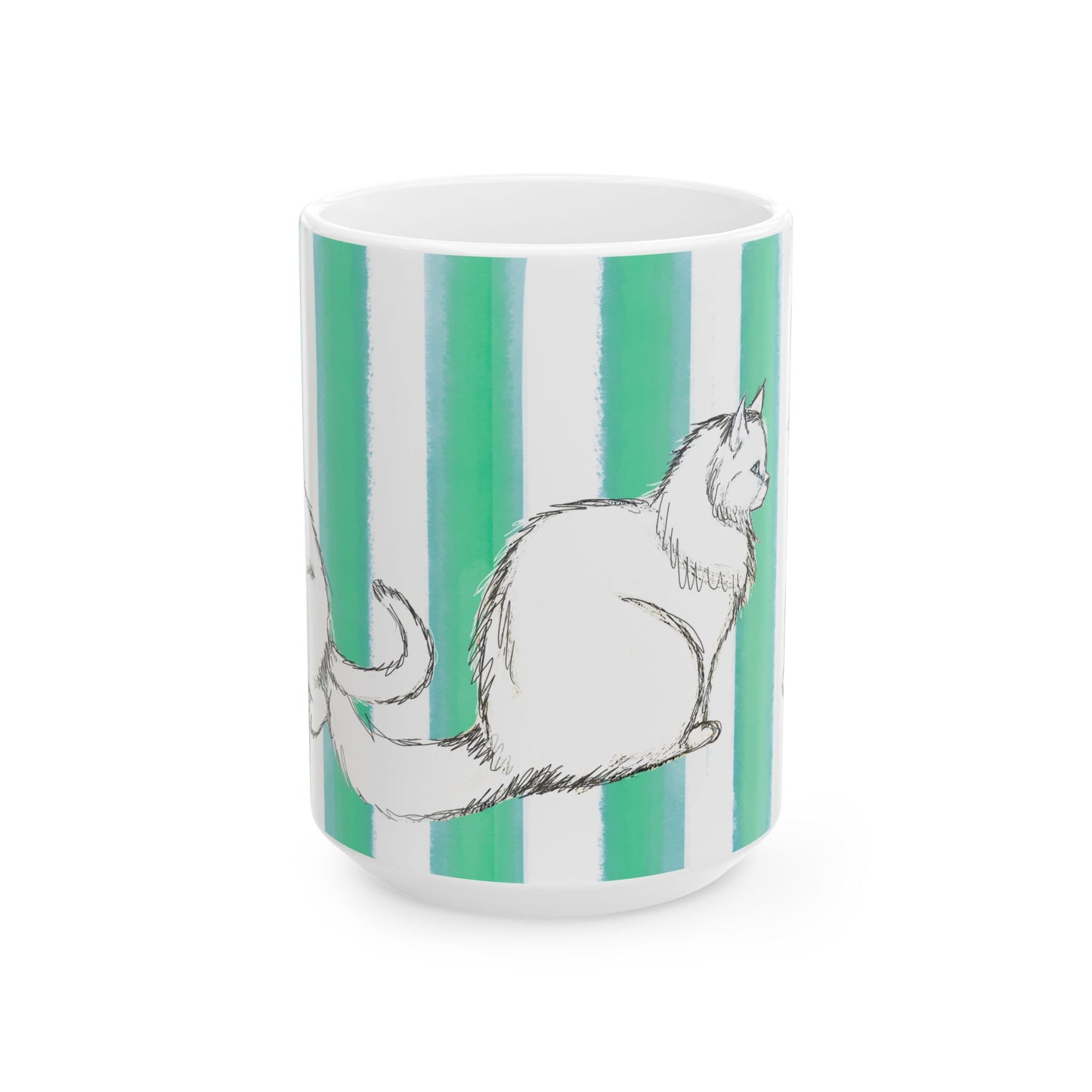 Kitty Fun Mug  with Aqua Green Stripes