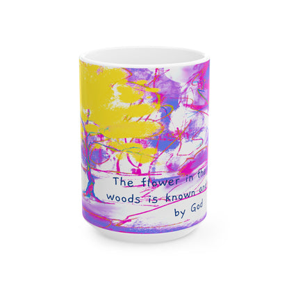 Inspirational Landscapes Ceramic Mug in Raspberry and Yellow "The flower in the deepest woods is known and watered by God", 11oz, 15oz.