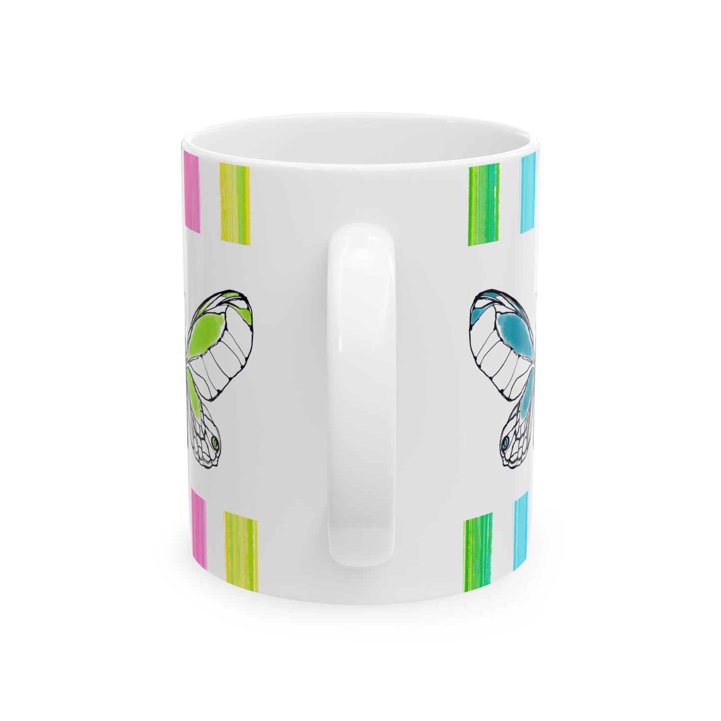 Mugs Butterfly Rainbow Stripe Ceramic Mug in Aqua, Purple and Green
