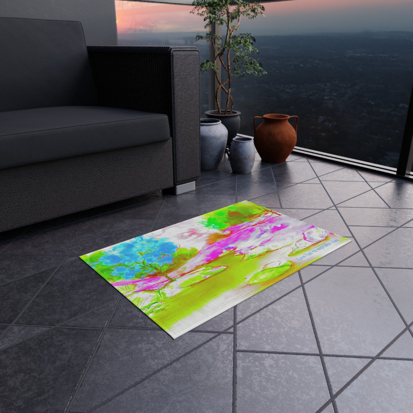 Inspirational Landscapes Indoor/Outdoor Area Rug, "Love has no expiration," Blue, Raspberry, and Green