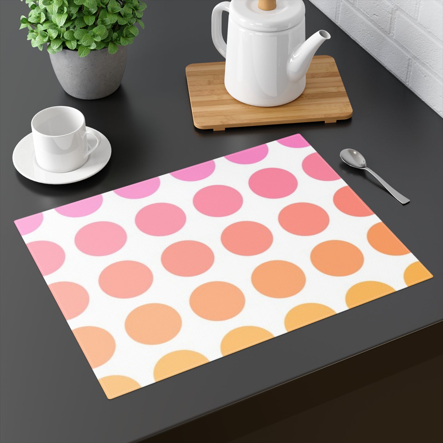 Polka Dot Joy Cotton Twill Placemat, Pink/Orange, Creamy White Fabric Background