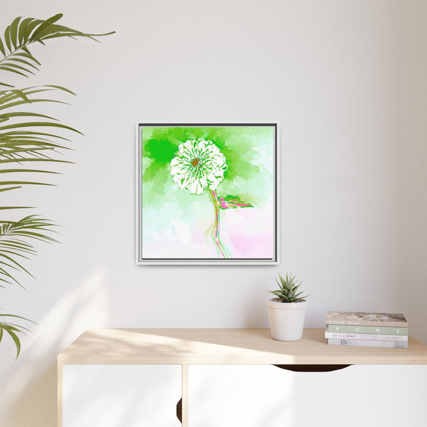 Zinnia Color Splash Matte Canvas Grass Green Framed
