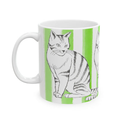 Kitty Fun Mug with Light Green Stripes