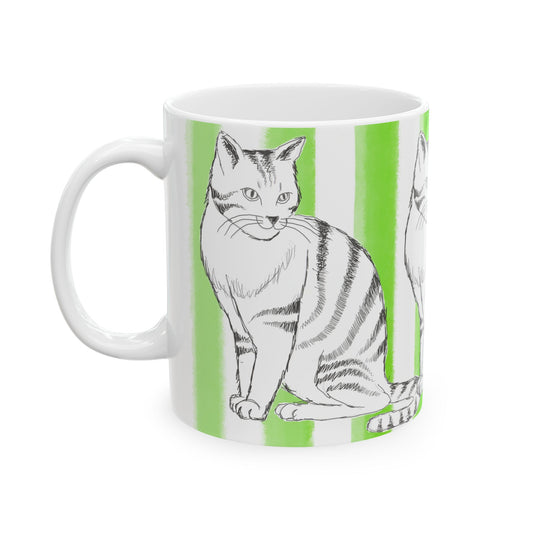 Kitty Fun Mug with Light Green Stripes