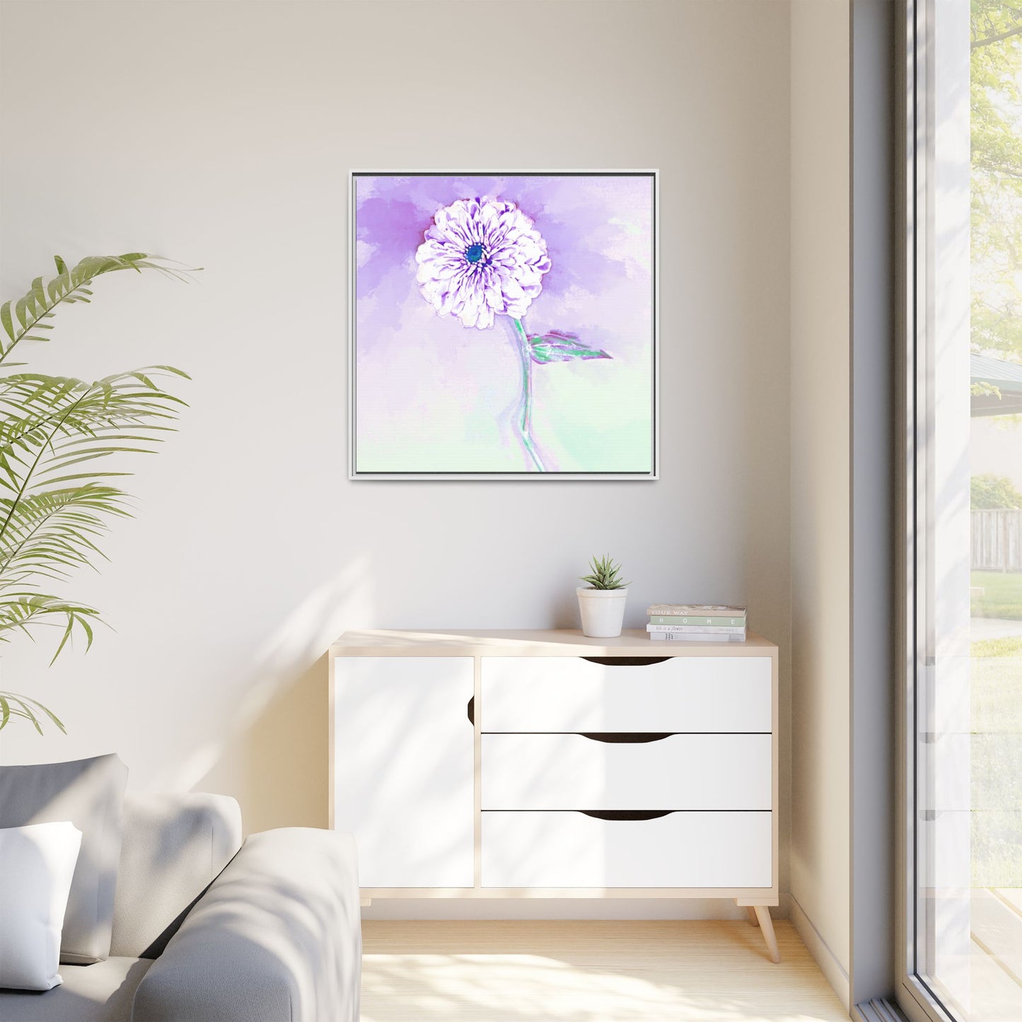 Zinnia Color Splash Matte Canvas Light Purple Framed