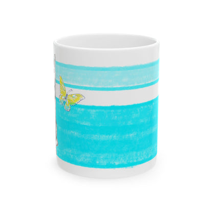 Mega Stripe Kitty Butterfly Flutter Ceramic Mug Aqua