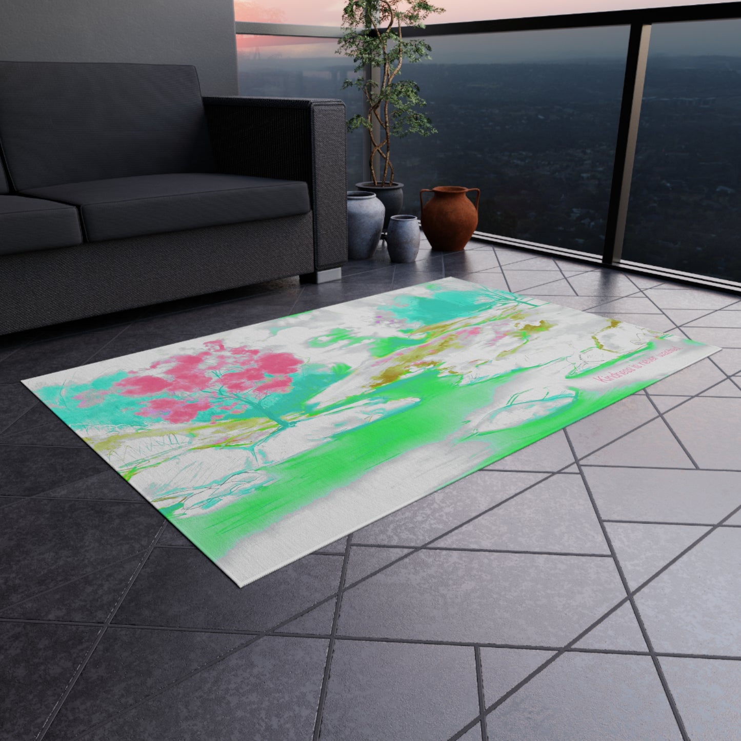 Inspirational Landscapes "Kindness is never wasted"  Indoor/Outdoor Area Rug in Lime, Aqua, and Raspberry (36" x 24")