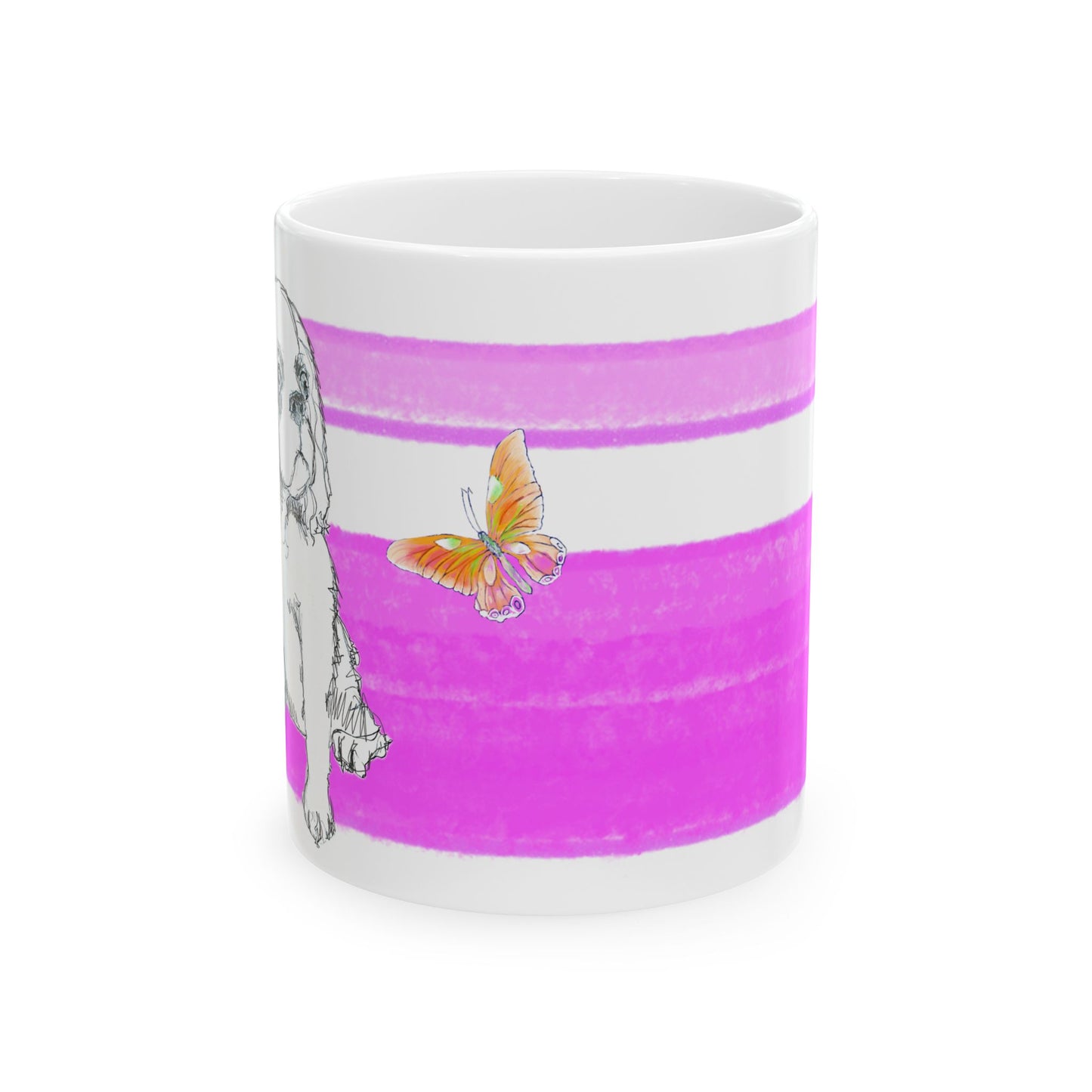 Mega Stripe Dogi Butterfly Flutter Ceramic Mug, (11oz, 15oz),  Purplish Pink Cocker Spaniel