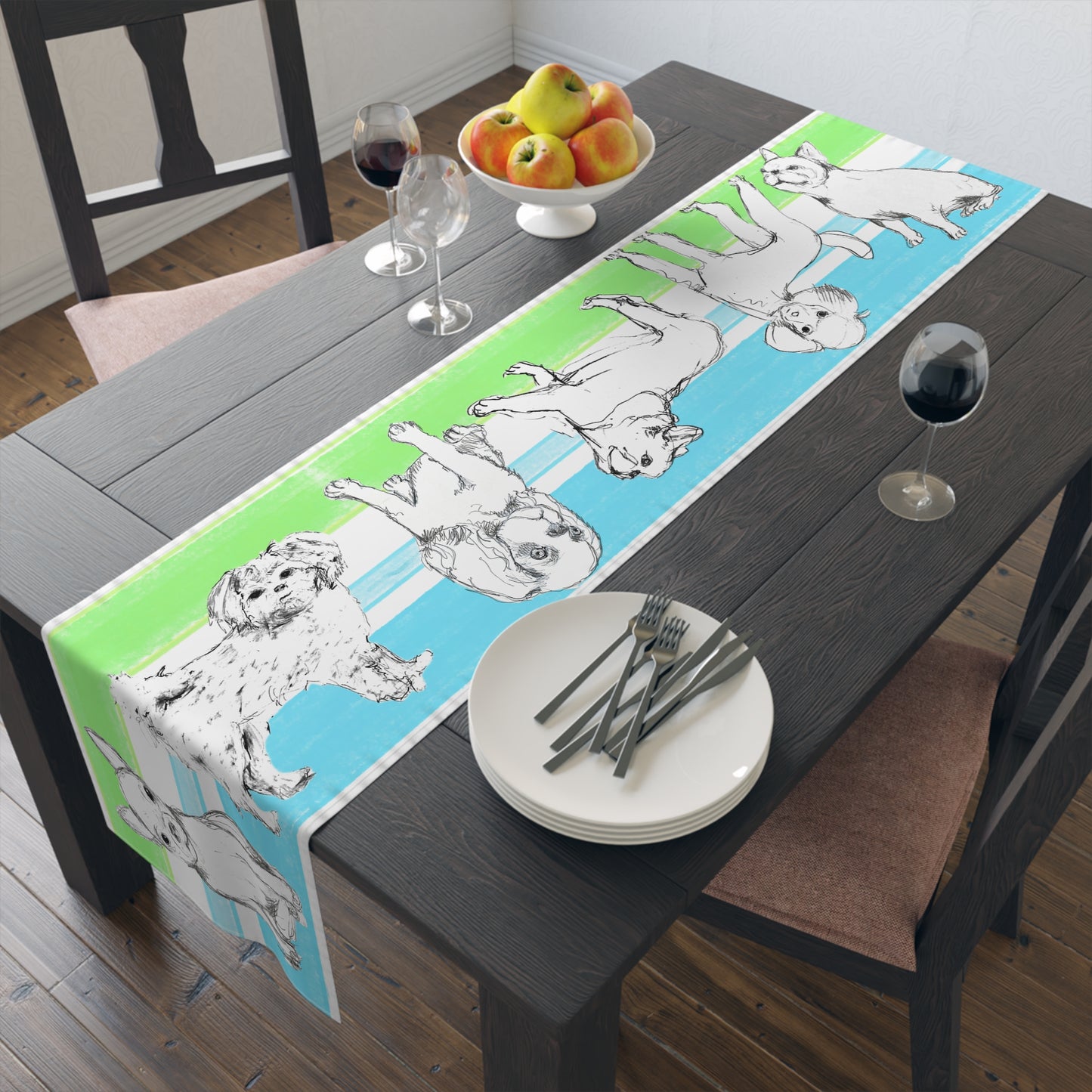 Dogi Butterfly Flutter Table Runner 16" x72" , (Cotton Creamy White Background OR Poly Bright White Background) Aqua and Green