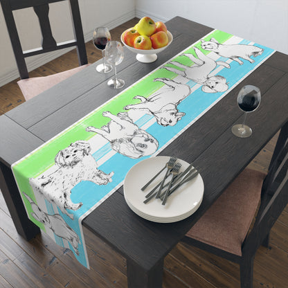 Dogi Butterfly Flutter Table Runner 16" x72" , (Cotton Creamy White Background OR Poly Bright White Background) Aqua and Green