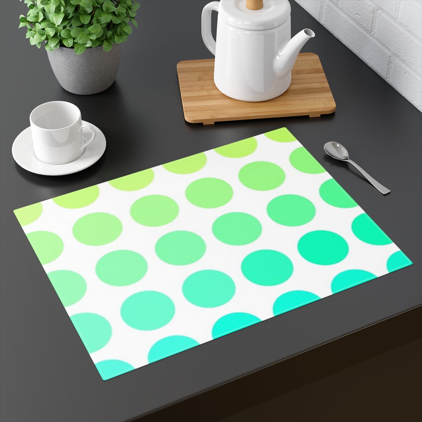Polka Dot Joy Cotton Twill Placemat, Green/Aqua, Creamy White Fabric Background