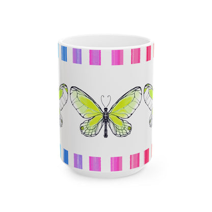 Mugs Butterfly Rainbow Stripe Ceramic Mug in Lime