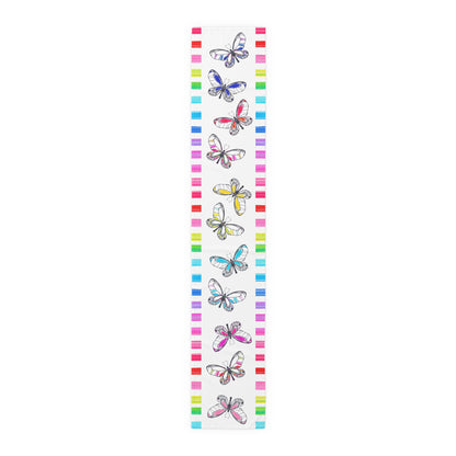 Butterfly Flutterstripe Table Runner in Multi-color with Checked Border 1 size ( 16" × 90")  (available in Cotton " creamier" & Polyester "whiter"