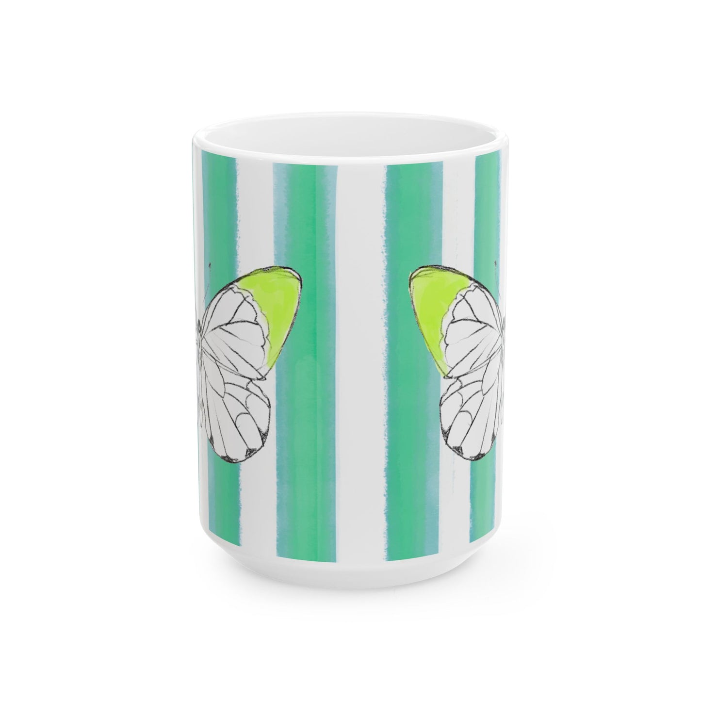 Butterfly Chroma Ceramic Mug in Acid Green with Aqua Green Stripes, 11oz