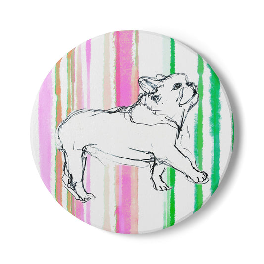 Dogi Fun Bulldog  Doggie Ceramic Coaster in Multi-stripes pastel